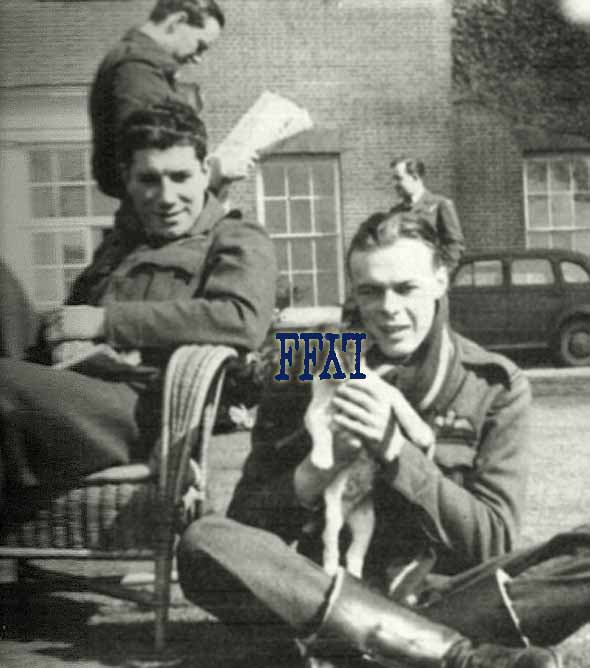 Don MacKenzie relaxes in the chair while Bob Snowdon reads the paper in back and F/O G.T. Edwards shows "Skeeter" to the camera.